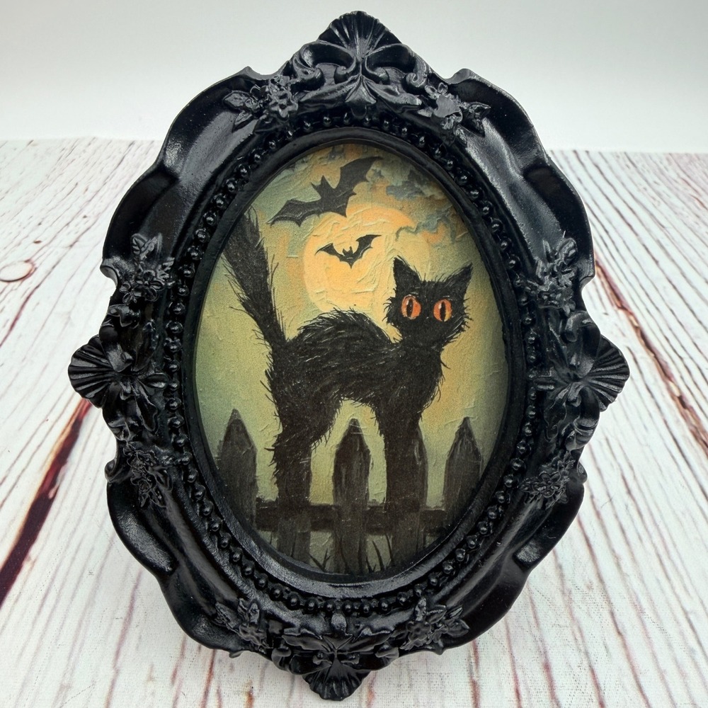 Handmade Halloween Black Cat Decoupage Art Ornate Black Resin Frame 4.75x4